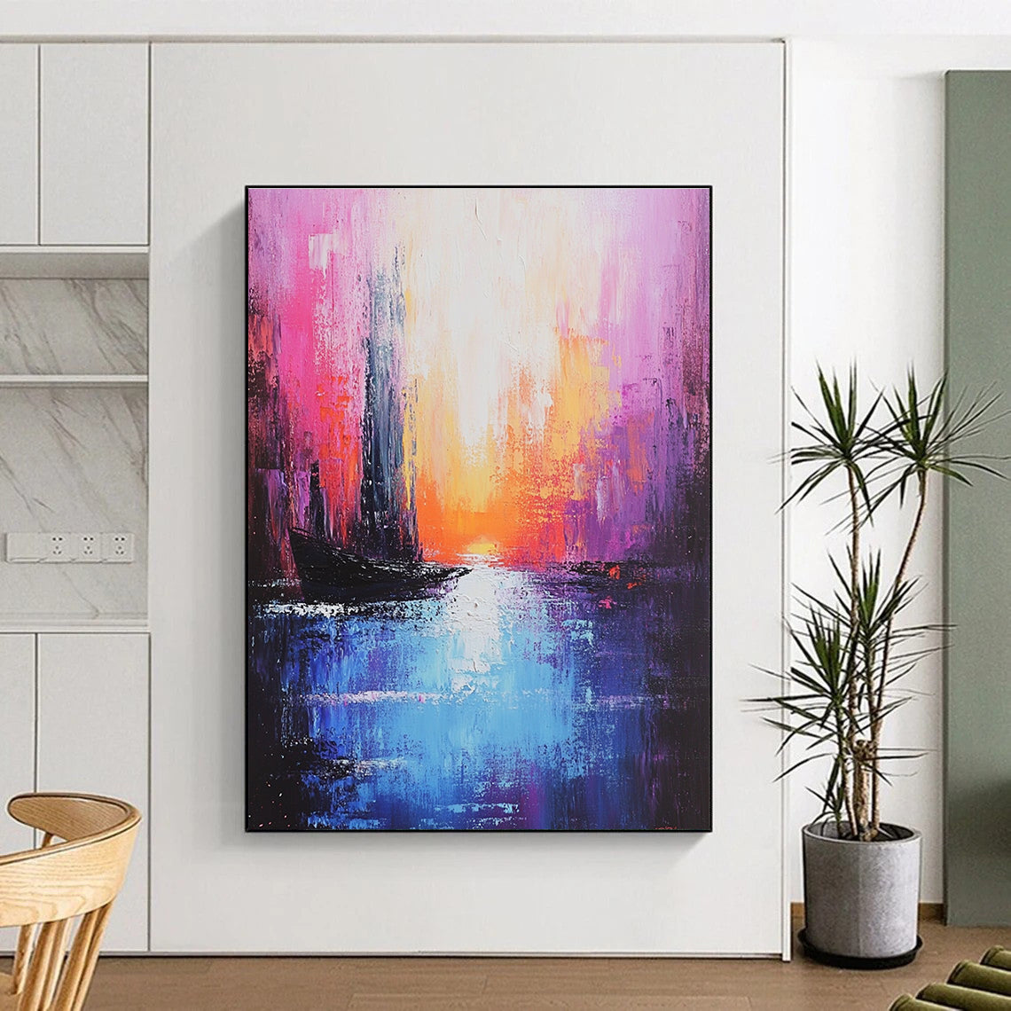 Pink Sunset Cityscape Abstract Painting for Romantic Interiors GAB0734