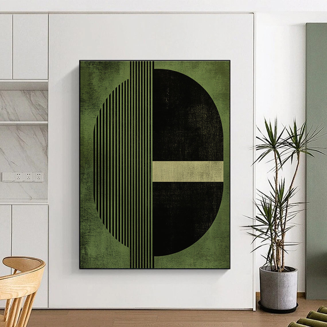 Geometric Green and Black Abstract Painting with Structured Elegance WINK151