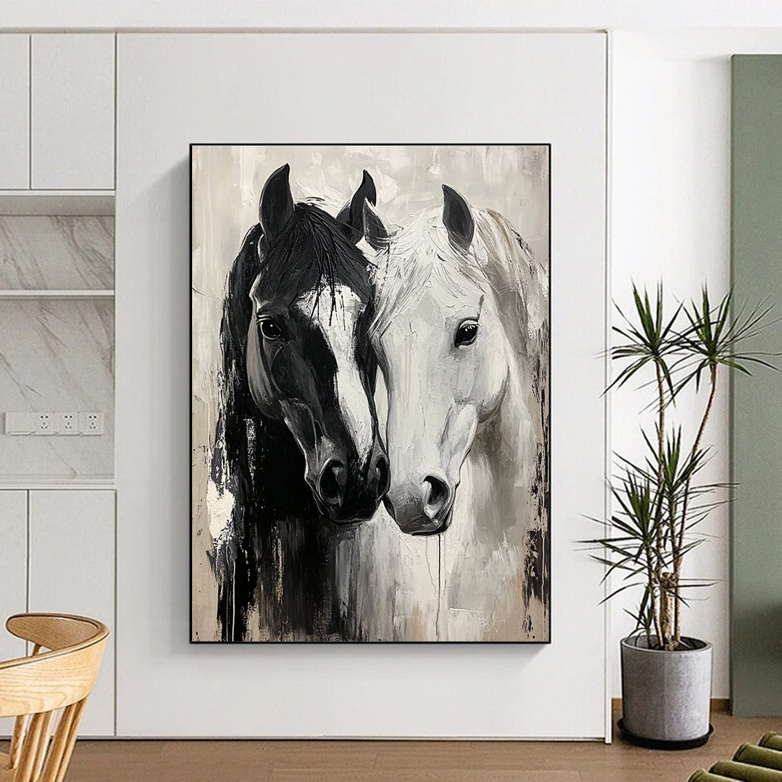 Two Horses in Black and White Dynamic Abstract Painting for Energetic Interiors GAB1433