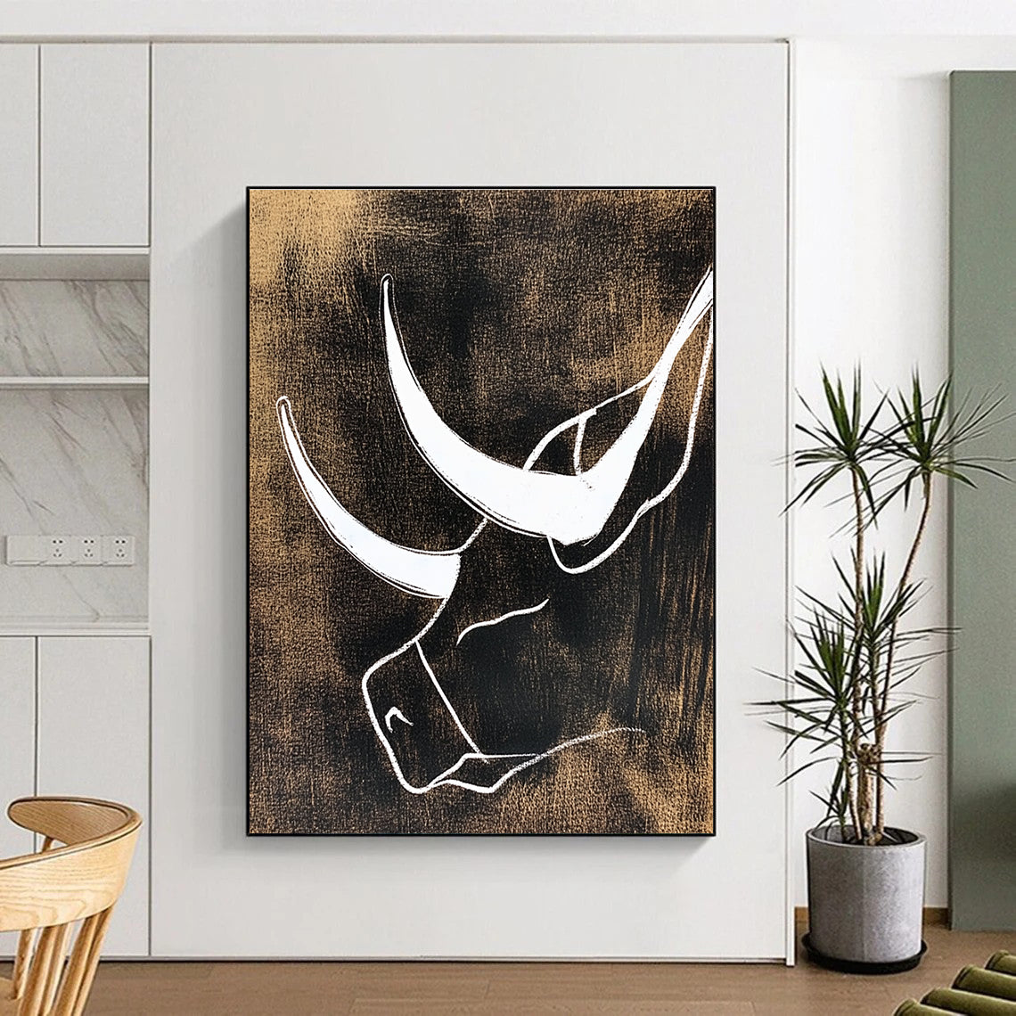 White Bull Silhouette Abstract Painting for Rustic - Chic Ranch Homes GAB1388