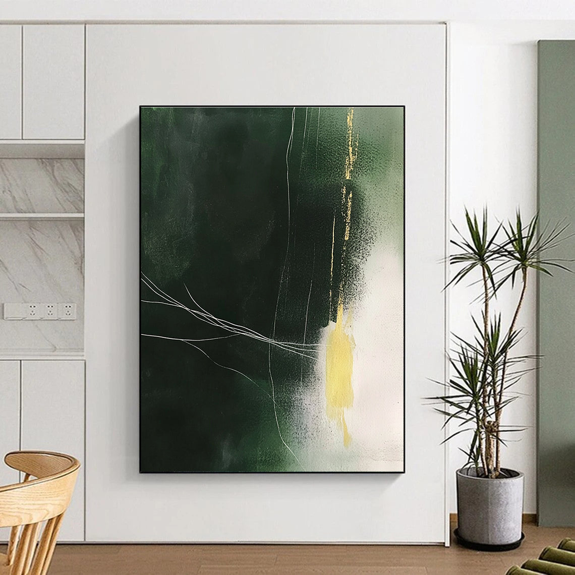 Dark Green with Gold and White Abstract Painting of Subtle Luxury GAB0182