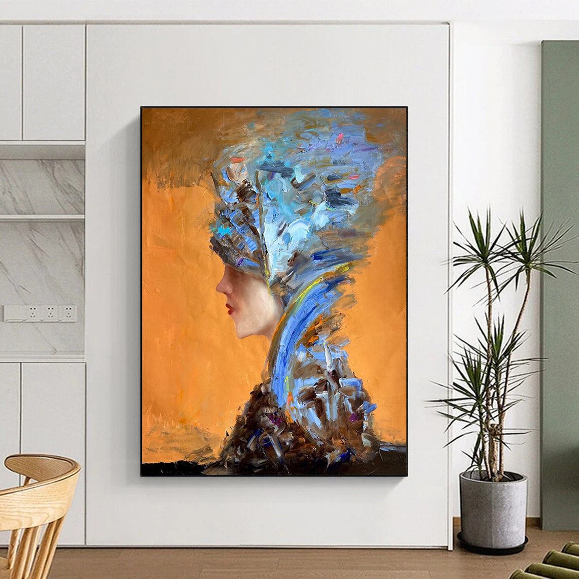 Blue and Brown Textured Portrait Abstract Painting for Sophisticated Dining Rooms HENG348