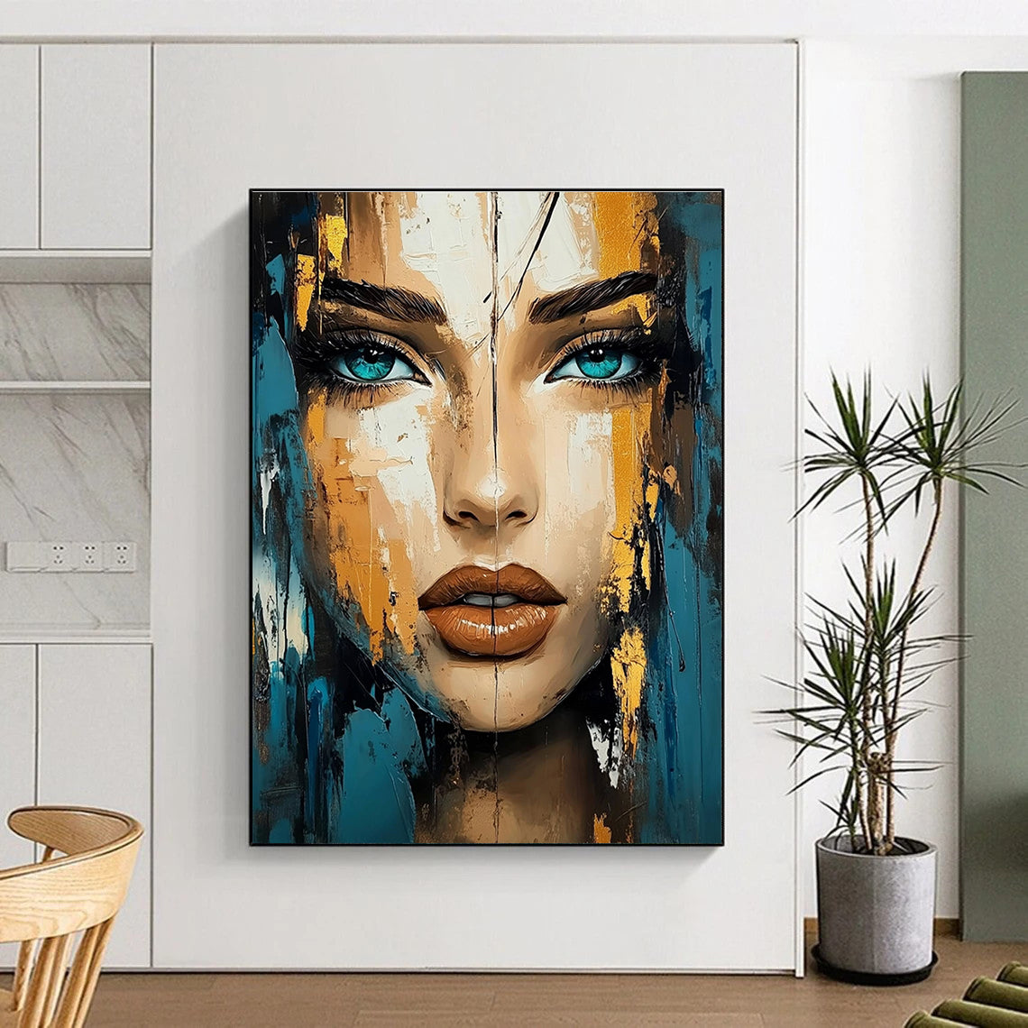 Blue - Gold Contrast Portrait Abstract Painting: Expressive Textures & Personality GAB0951