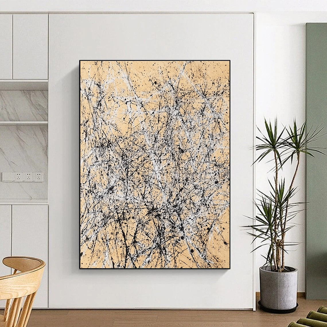 Splattered Ink on Beige Abstract Painting with Dynamic Energy WINK002