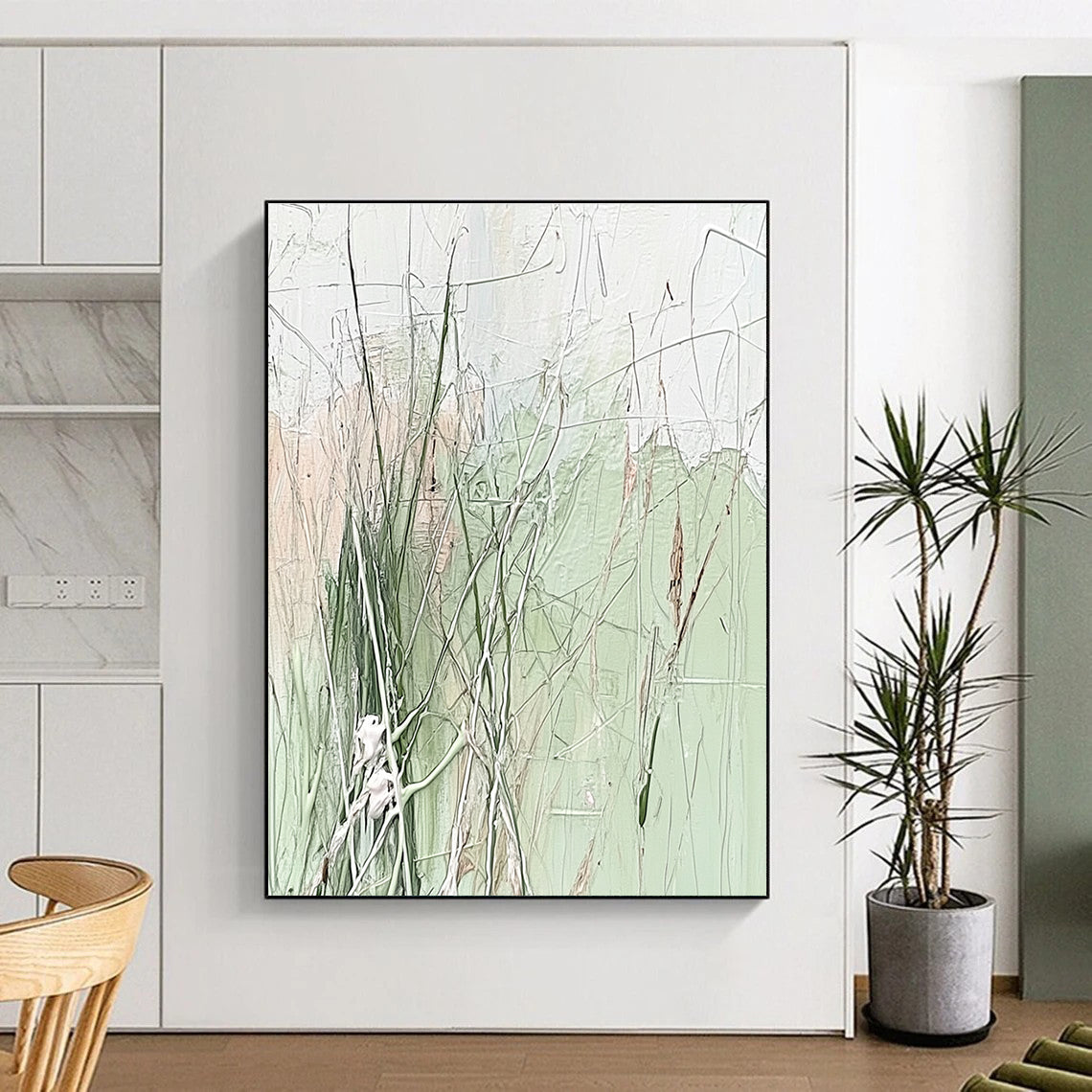 Green and Beige Grass - like Abstract Painting with Wispy Forms GAB0062