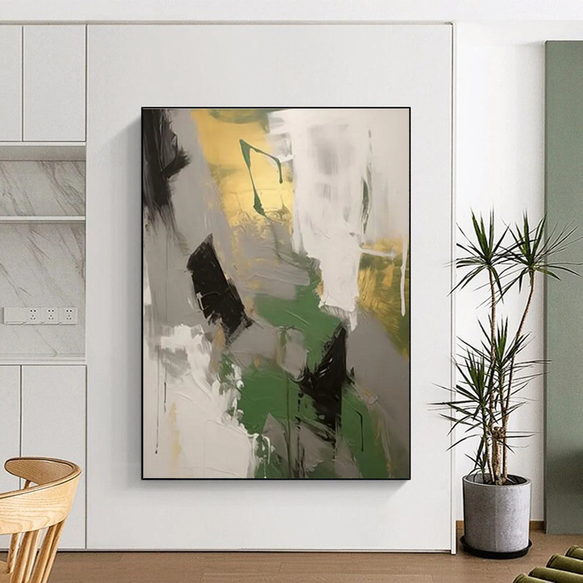 Green - Gray - Gold Abstract Painting for Eco - Friendly Workspaces HENG115
