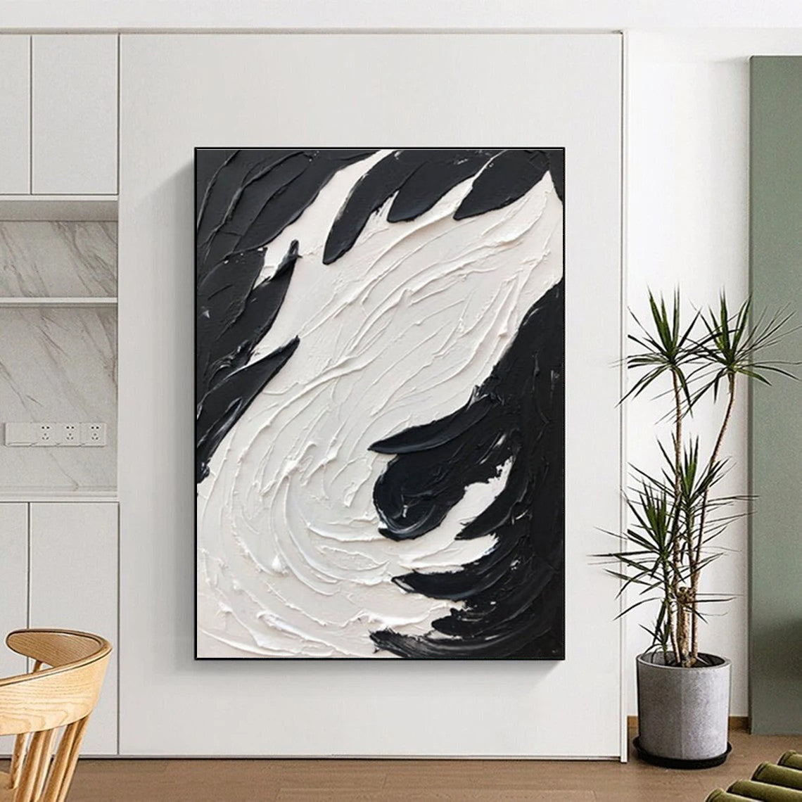 Black - White Swirl Textured Art Abstract Painting for Bold Interiors HENG398