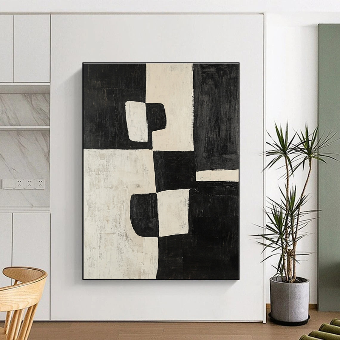 Black White Abstract Painting with Bold Geometry WINK669