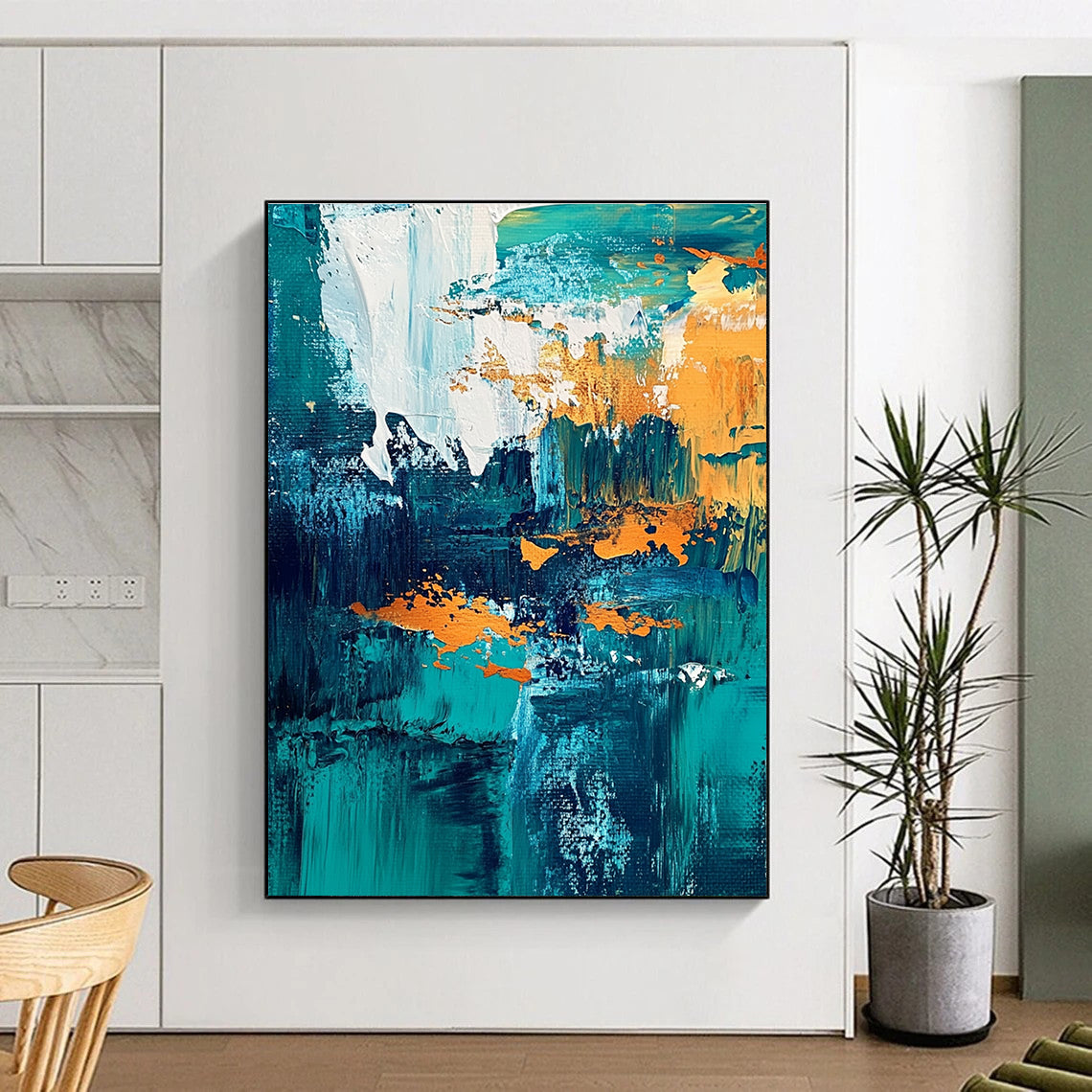 Teal and Gold Abstract Composition Painting for Coastal - Inspired Residences GAB1168