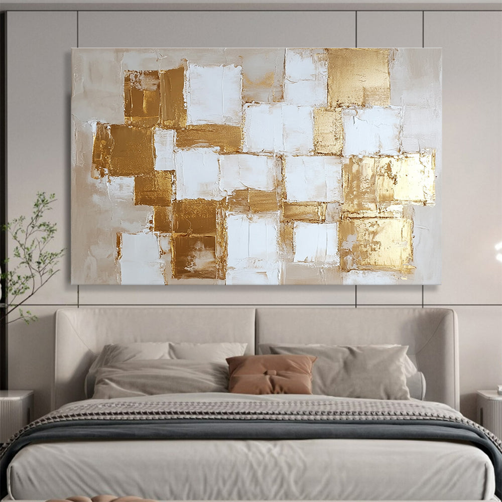 Gold and White Square Abstract Painting with Textured Elegance ABS451
