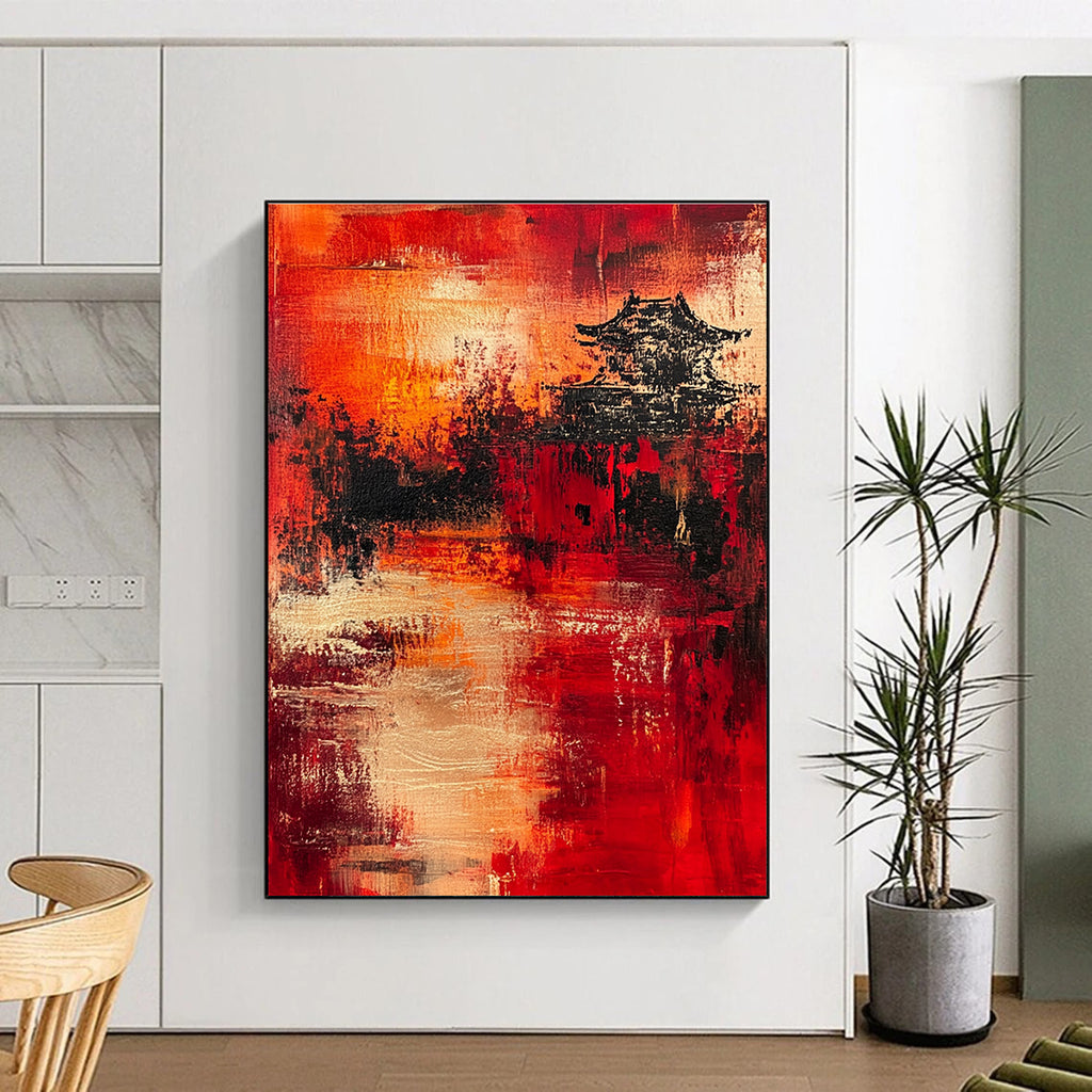 Cultural Red - Black Pagoda Abstract Painting: Heritage Meets Modern Art GAB0956