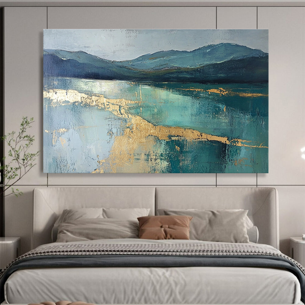 Mountain Lake Abstract Painting with Teal and Gold ABS266