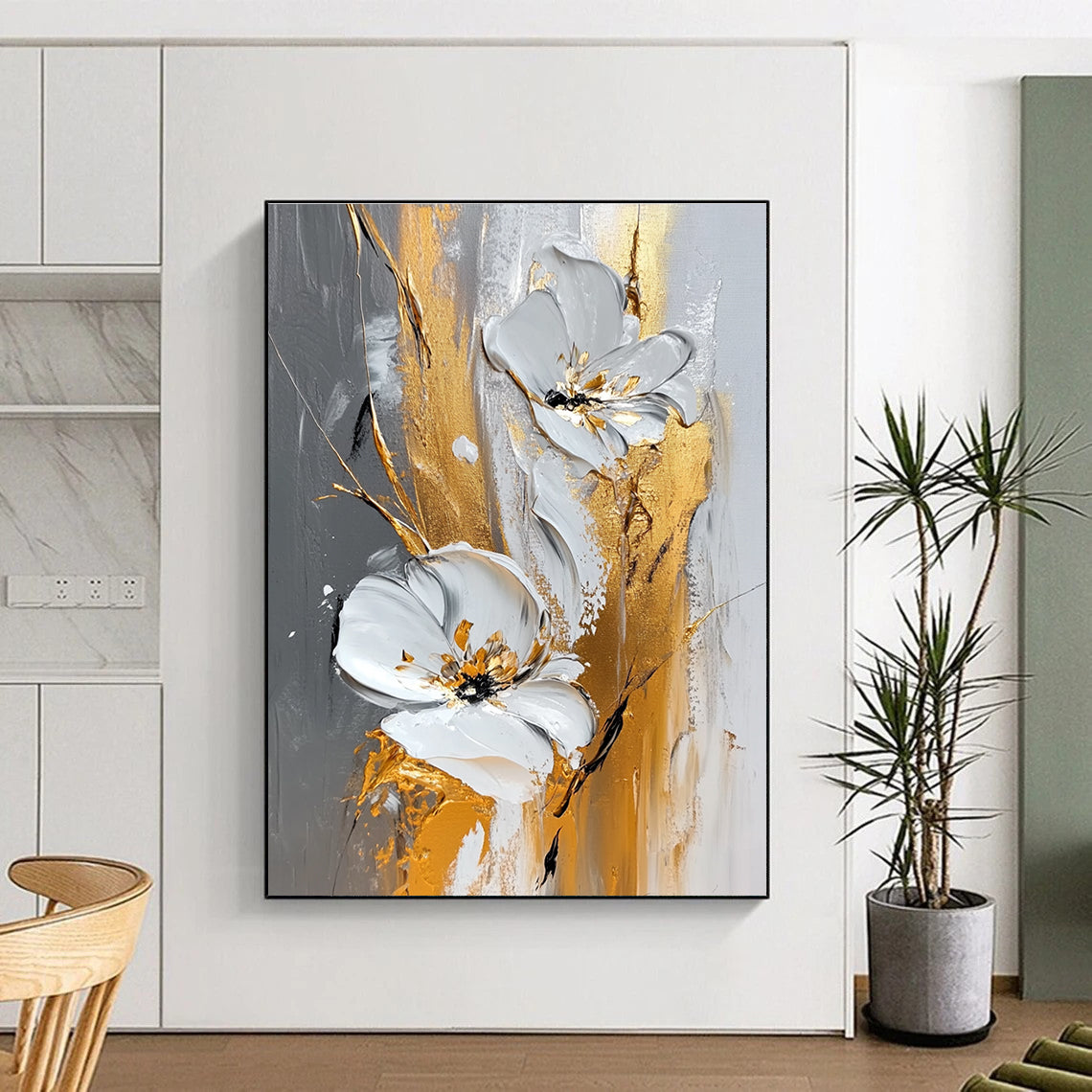 White Gold Floral Abstract Painting with Luxe Petals WINK603