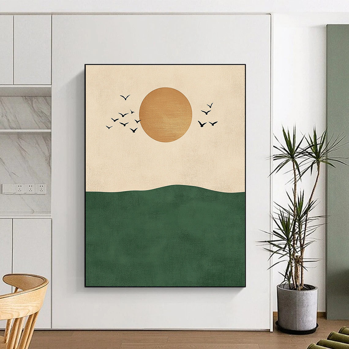 Sun Birds and Green Hill Abstract Painting for Nature - Inspired Living Rooms GAB1380