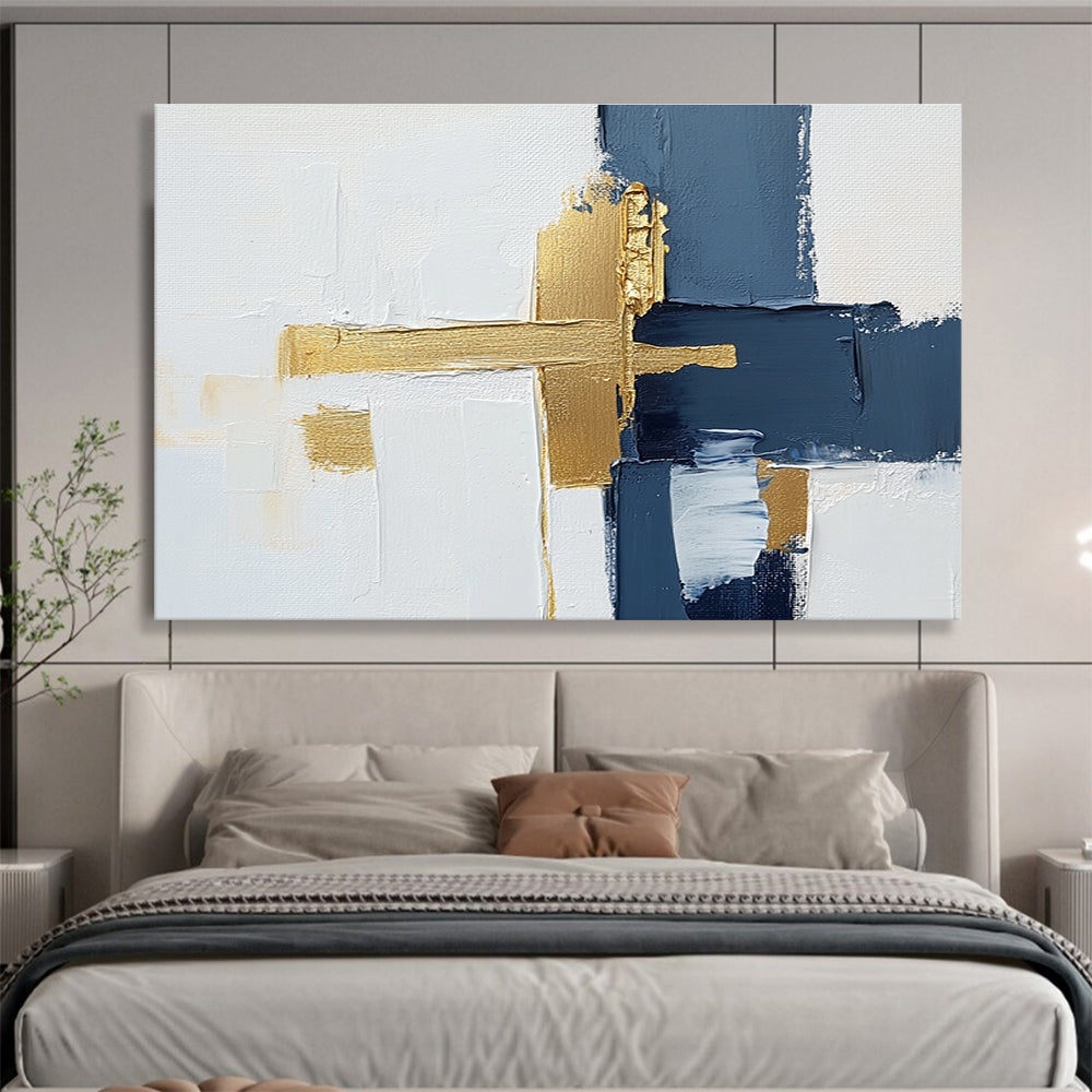 Blue and Gold Cross Abstract Painting with Minimalist Elegance ABS426