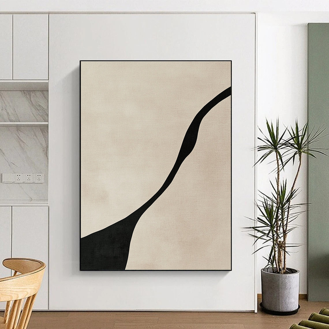 Curved Black Line Abstract Painting for Monochrome - Themed Hallways GAB1384