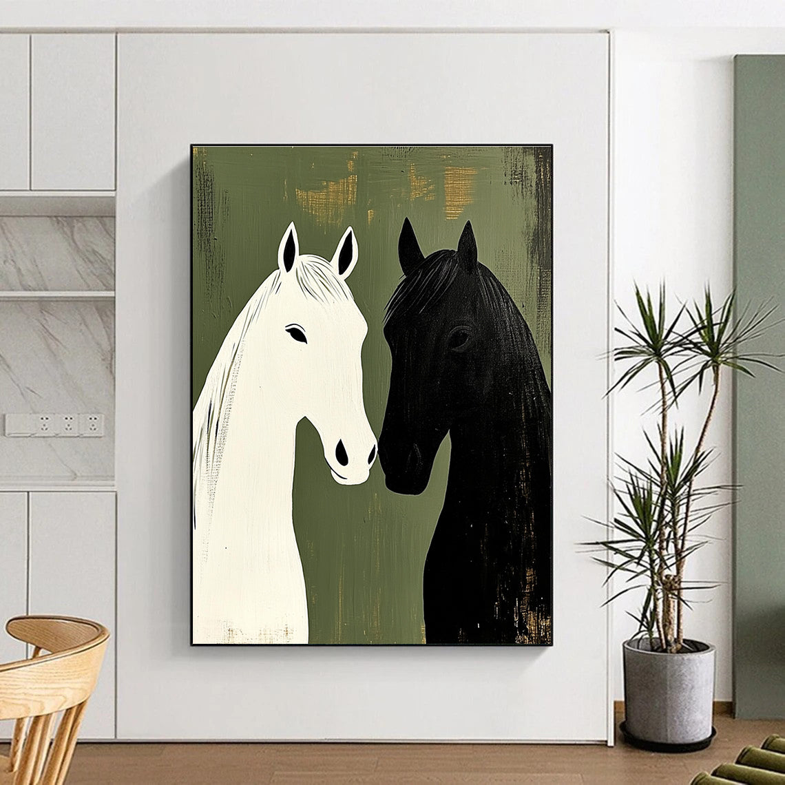 Black and White Horses Minimalist Abstract Painting for Nature - Inspired Spaces GAB1500