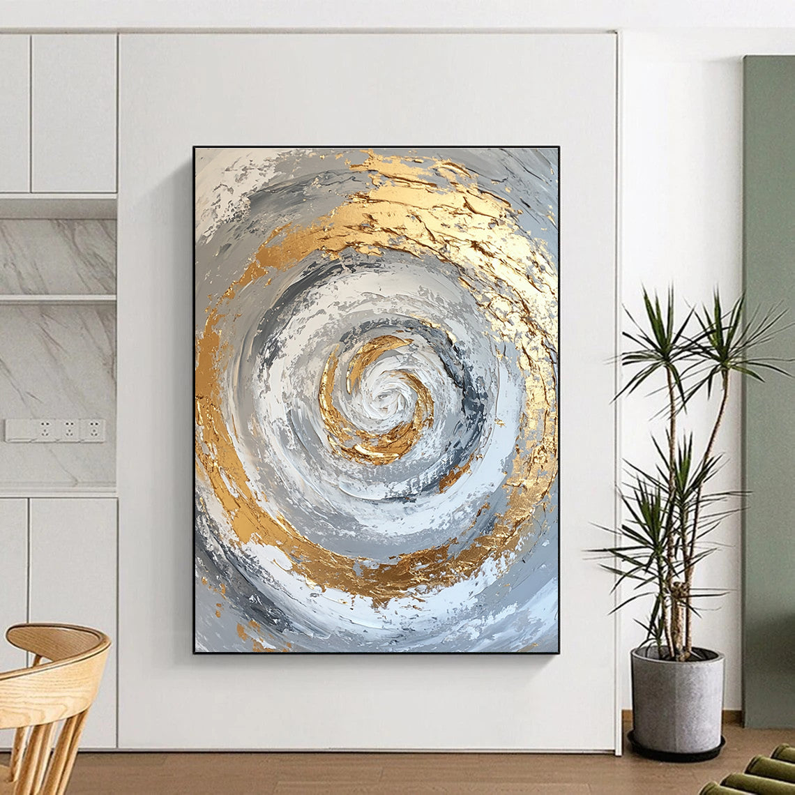 Gold Silver Spiral Abstract Painting with Textured Movement WINK622
