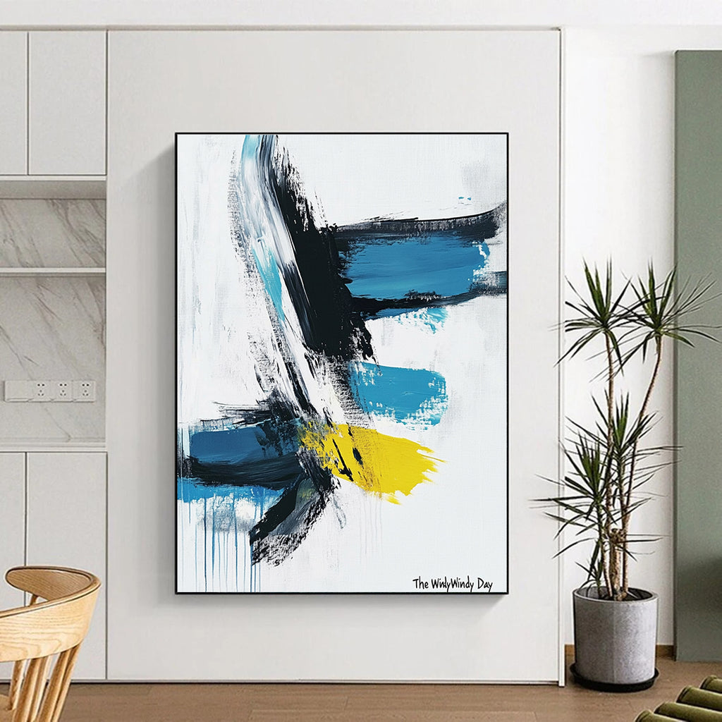 Dynamic Blue and Yellow Abstract Painting of Vivid Motion GAB0206