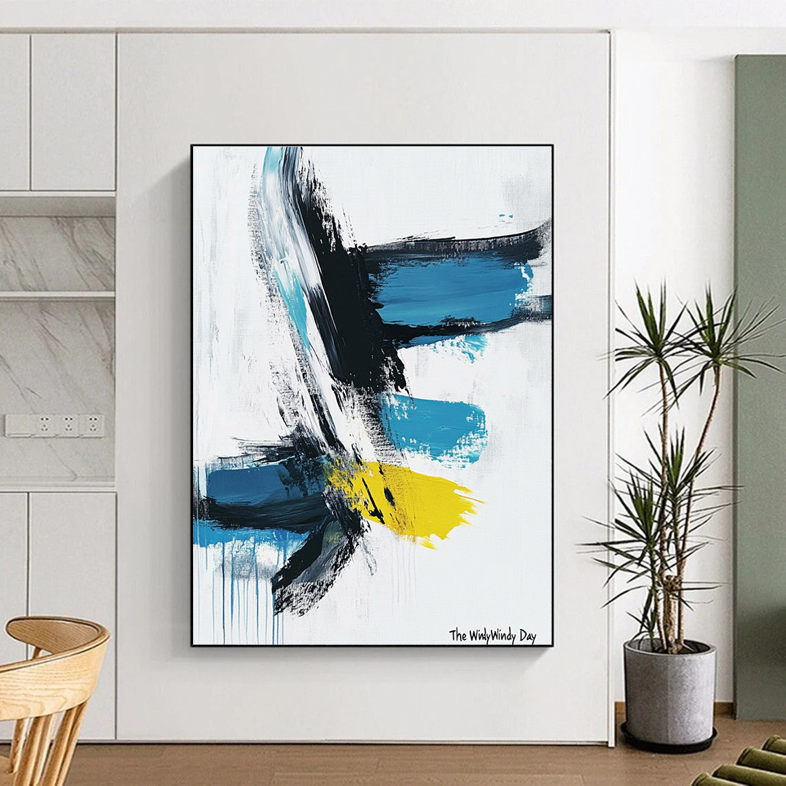 Dynamic Blue and Yellow Abstract Painting of Vivid Motion GAB0206