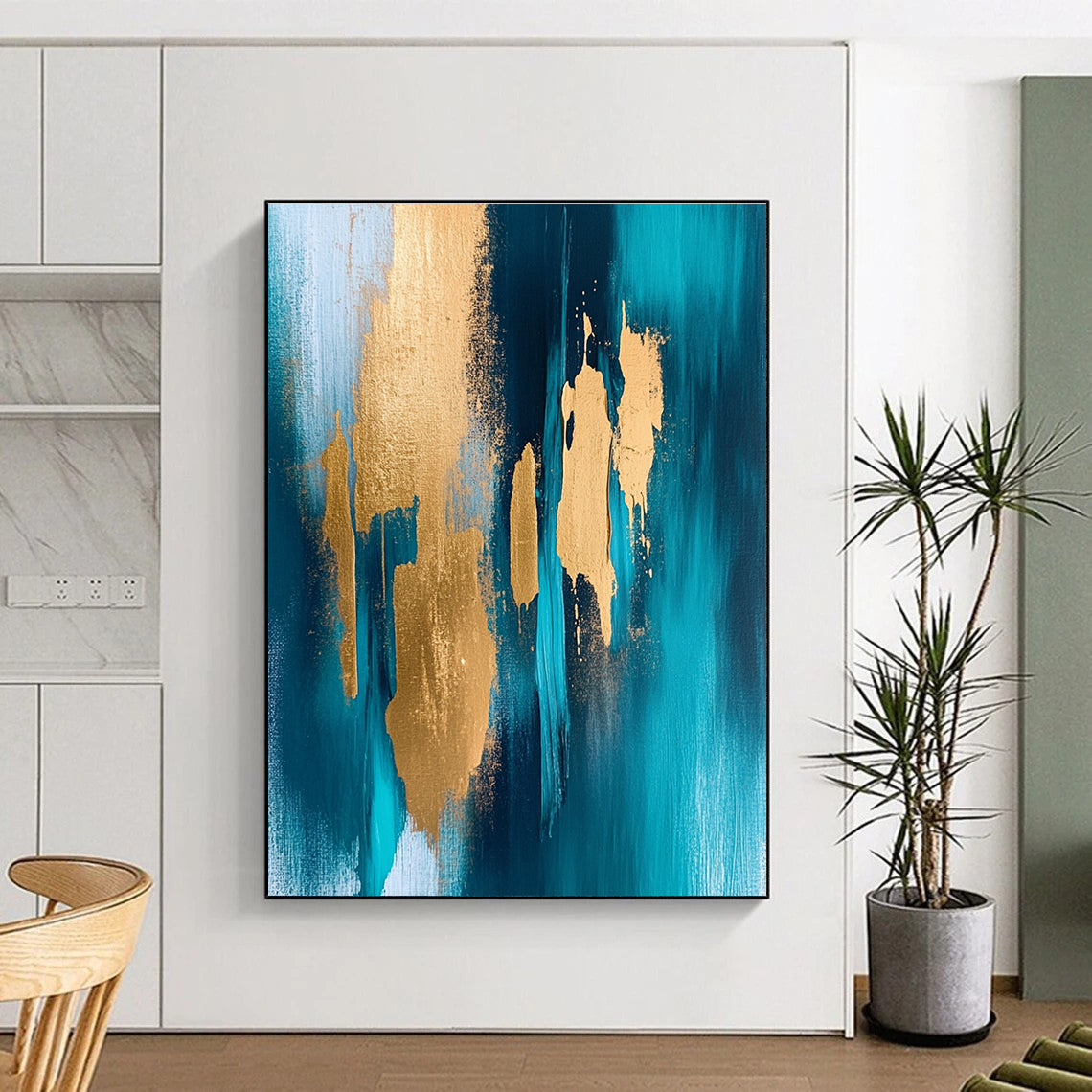 Teal - Gold Abstract Strokes Painting with Bold Radiance WINK381
