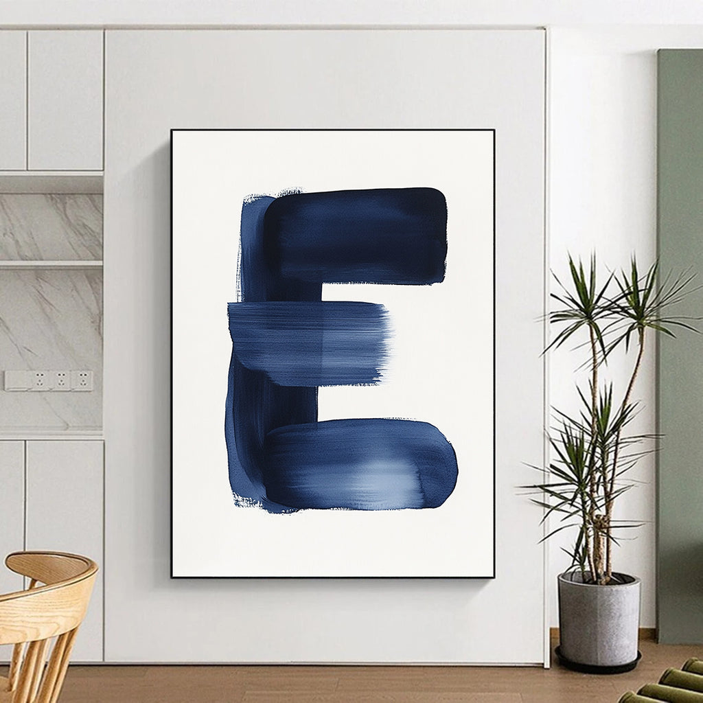 Bold Blue Letter E Graphic Monogram Abstract Painting GAB0234