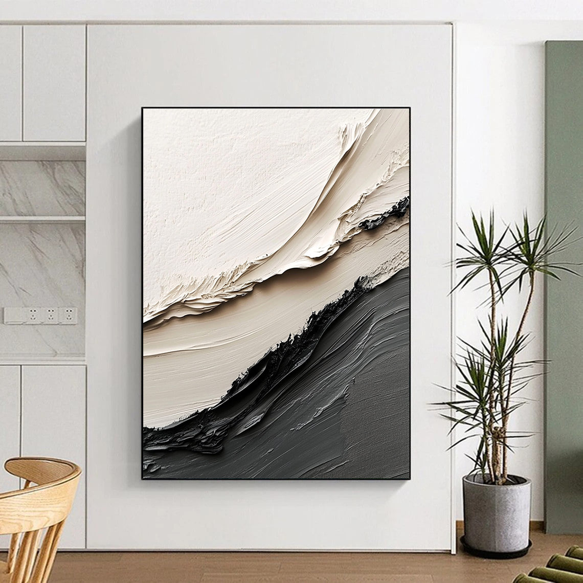 Beige and Black Textured Ridges Industrial Abstract Painting for Loft Spaces GAB1517