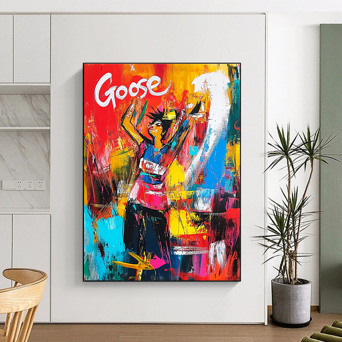 Colorful Figure with Goose Text Abstract Painting for Vibrant Event Spaces GAB1170