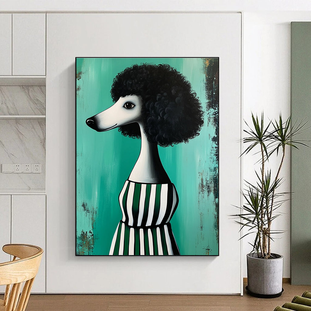 Poodle in Striped Dress Abstract Painting of Quirky Fashion GAB0133