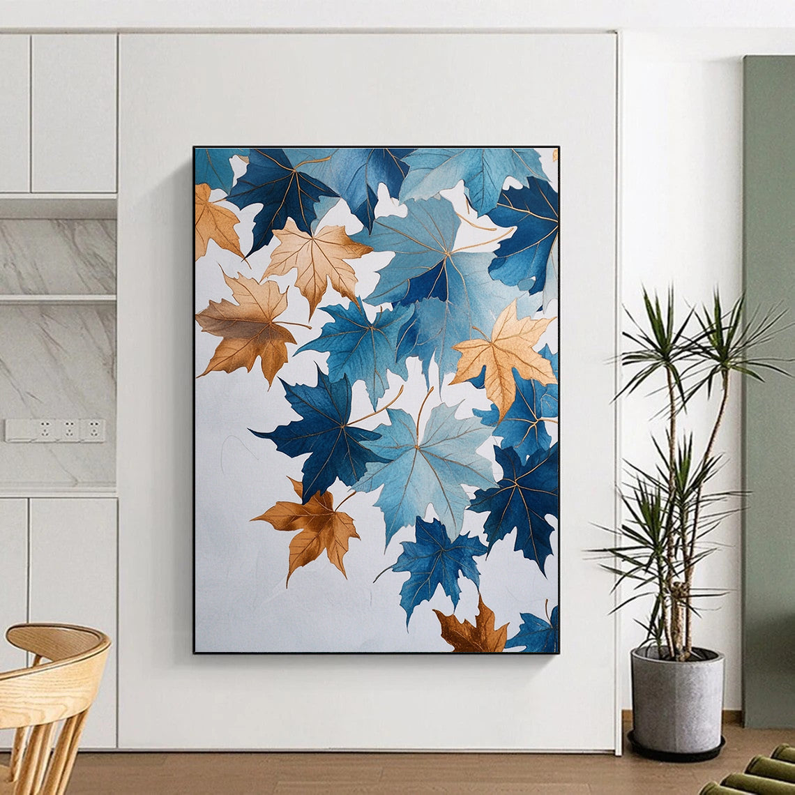 Blue and Gold Leaves Artistic Botanical Abstract Painting GAB0307