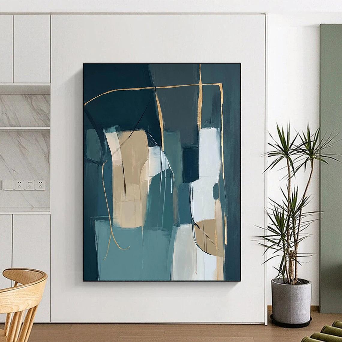 Teal Beige Gold Abstract Painting with Modern Sophistication WINK463