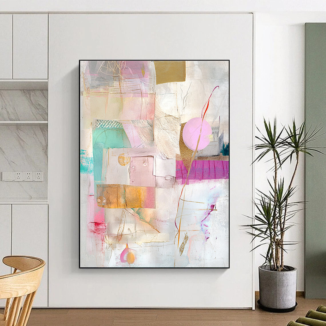 Gold Accent Pastel Collage Abstract Painting with Subtle Glamour WINK206