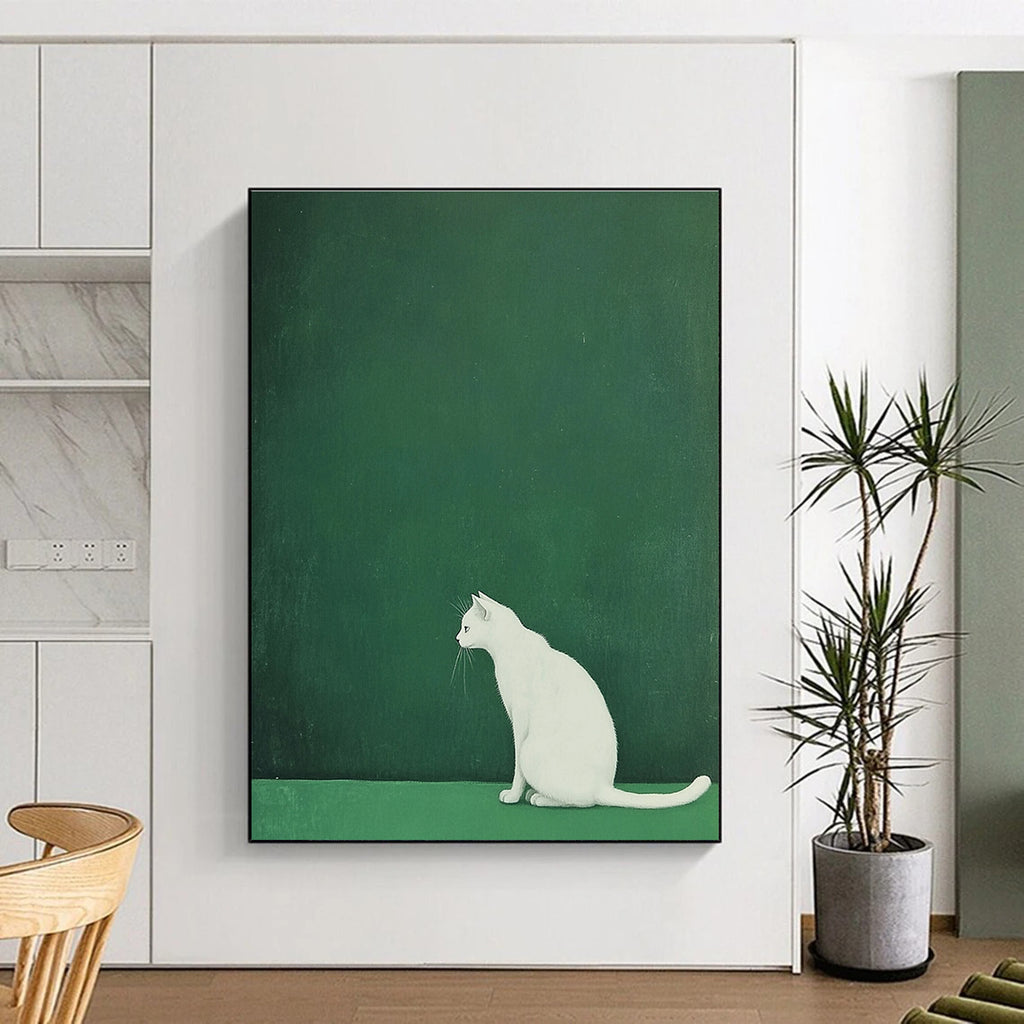 White Cat on Green Minimalist Abstract Painting for Calm Interiors GAB1520