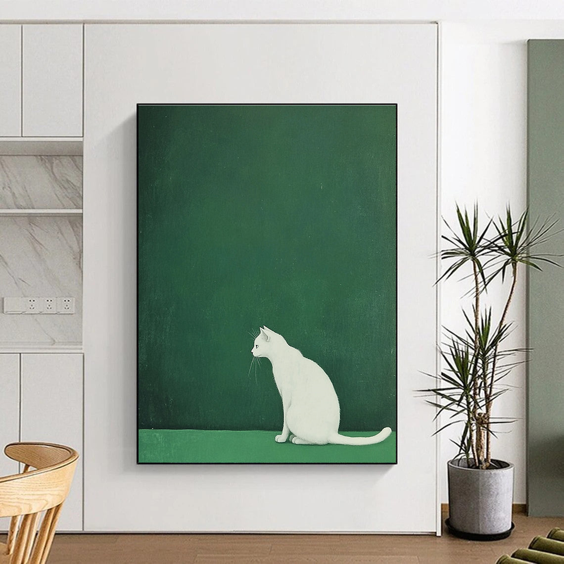 White Cat on Green Minimalist Abstract Painting for Calm Interiors GAB1520