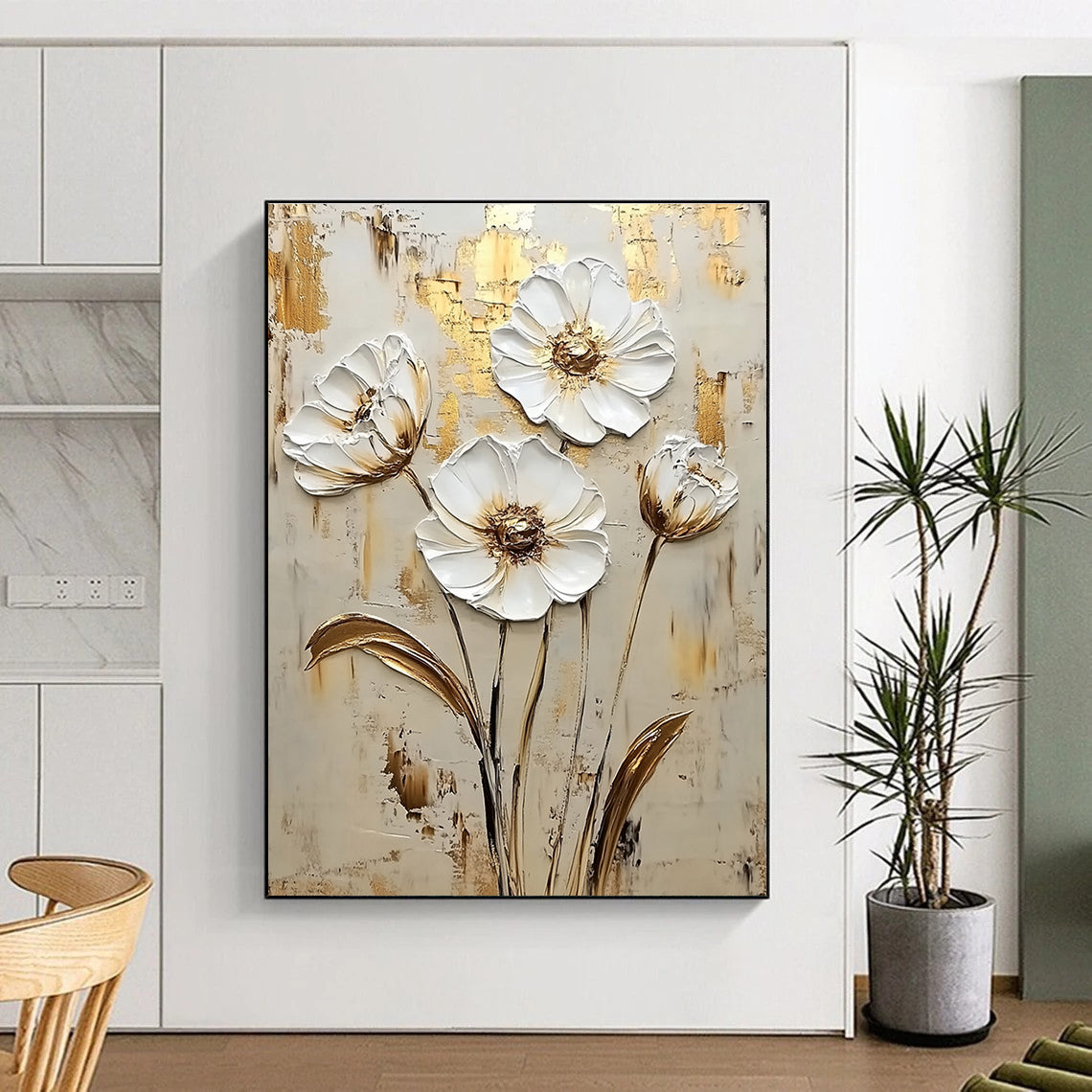 Gold and White Flowers Abstract Painting for Romantic - Themed Weddings GAB0998
