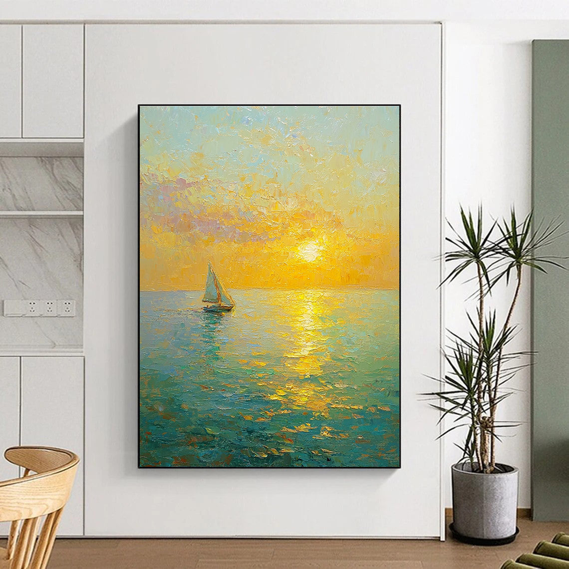 Sailboat Sunset Impressionistic Abstract Painting for Nautical - Themed Cafes GAB1334