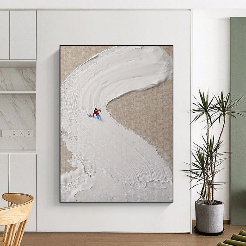 Mini Skier on White Slope Abstract Painting for Winter - Sports Lovers HENG311