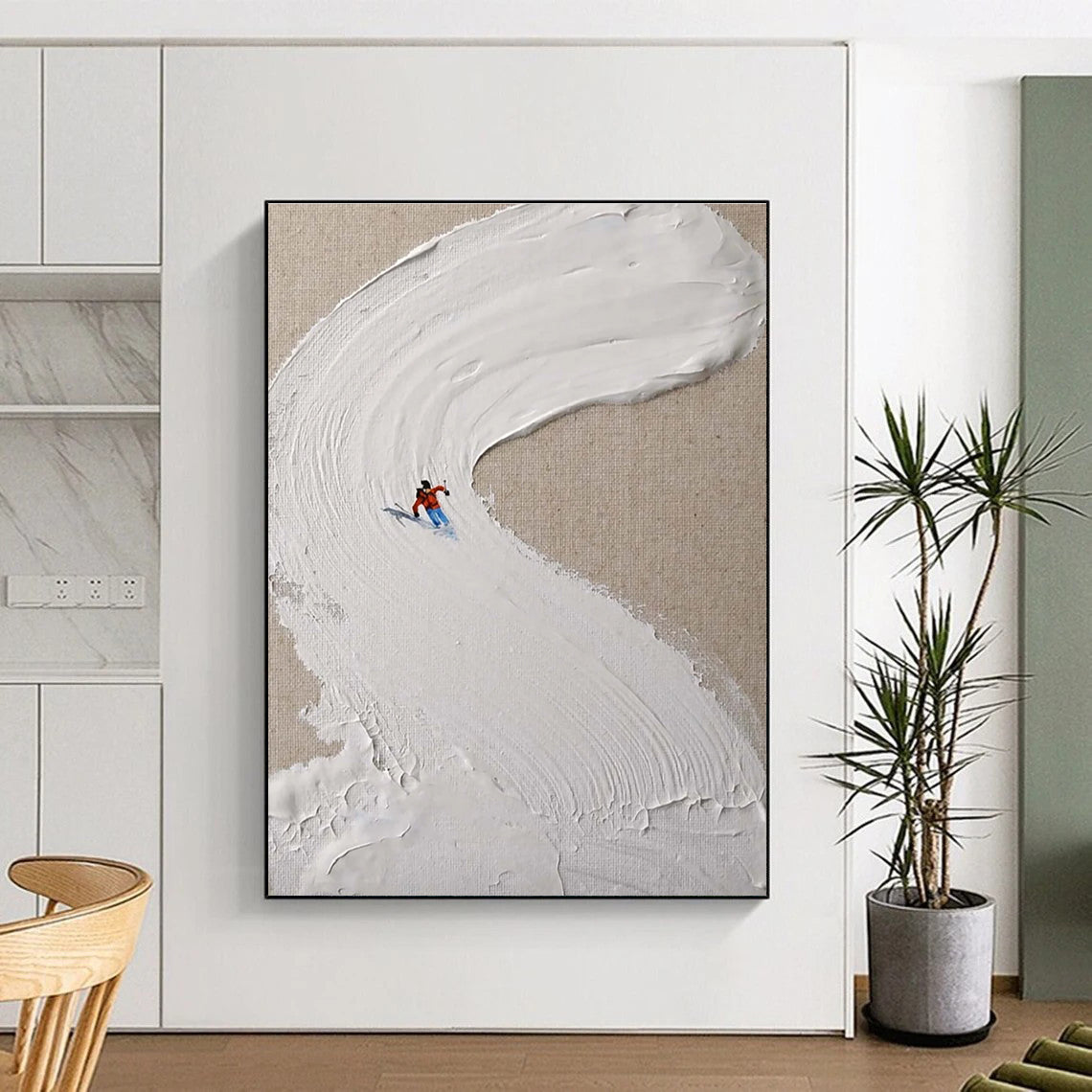 Mini Skier on White Slope Abstract Painting for Winter - Sports Lovers HENG311