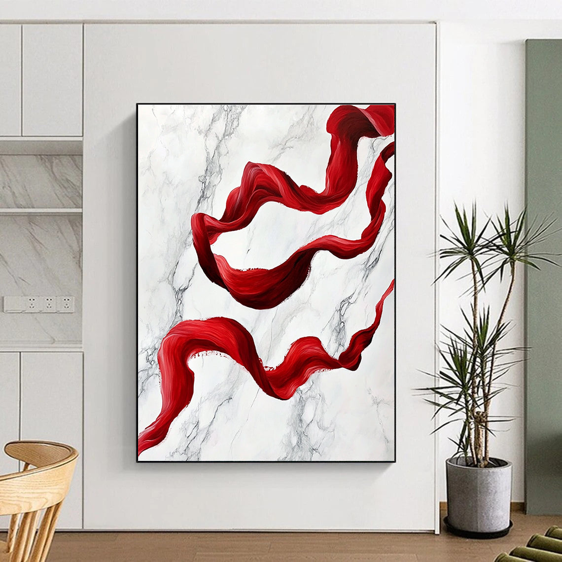 Red Ribbon on Marble Abstract Painting for Luxurious Spaces GAB1459