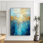 Enchanted Blue - Gold Forest Abstract Painting for Nature - Themed Cafes HENG065