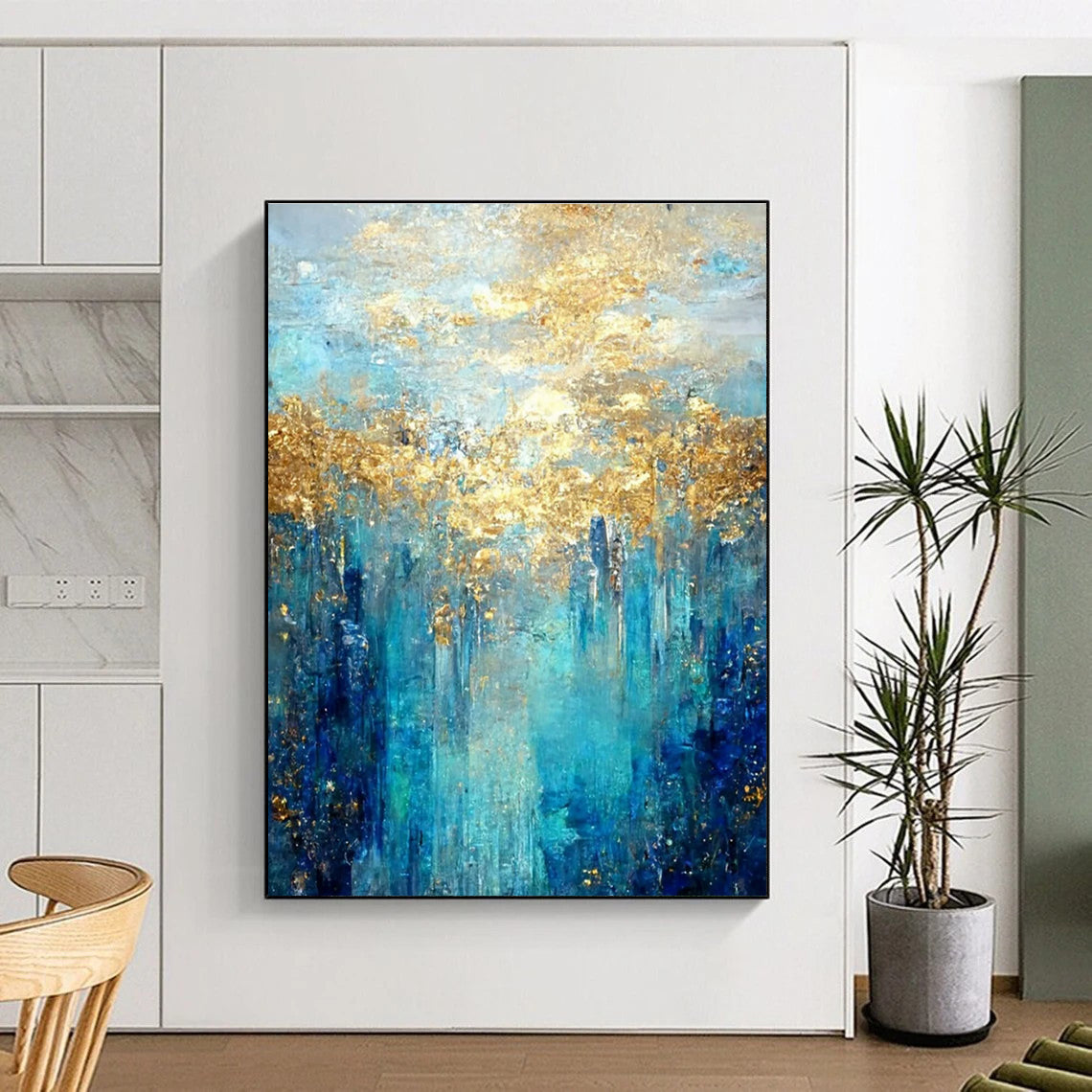 Enchanted Blue - Gold Forest Abstract Painting for Nature - Themed Cafes HENG065