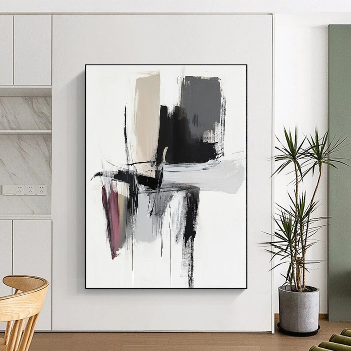 Black Gray White Abstract Painting with Dynamic Strokes WINK666