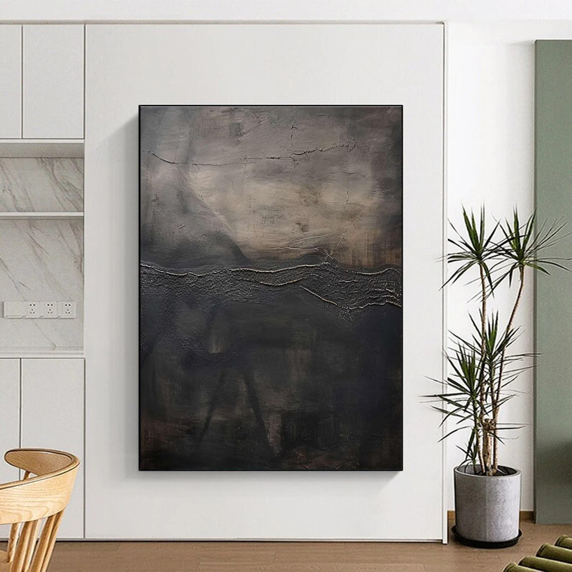 Textured Dark Abstract Landscape Painting for Avant - Garde Art Spaces HENG515
