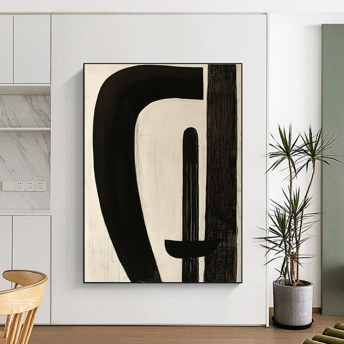 Black and White Curved Abstract Painting with Playful Shapes WINK246
