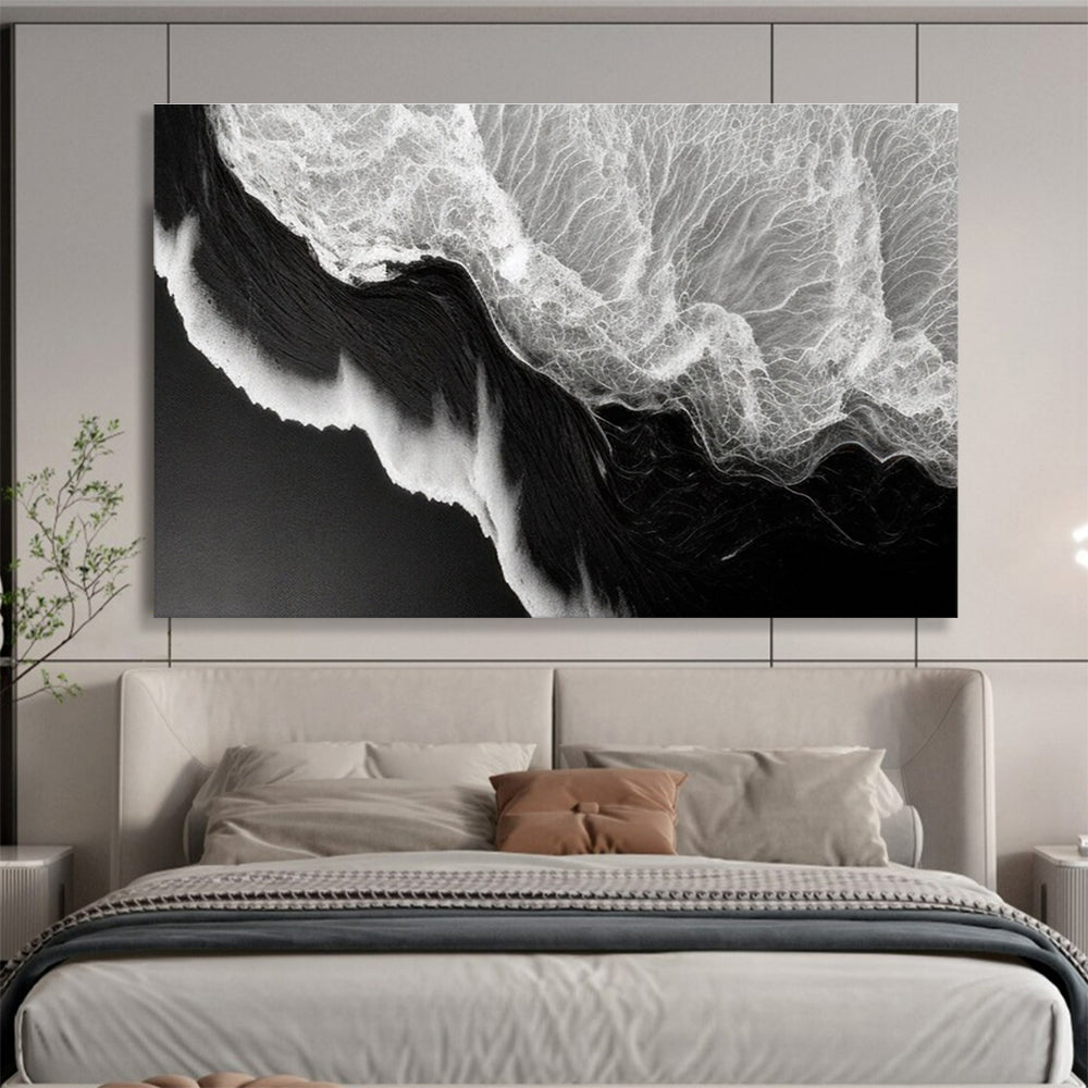 Black - White Wave Abstract Painting for Nautical - Themed Spaces YHT074