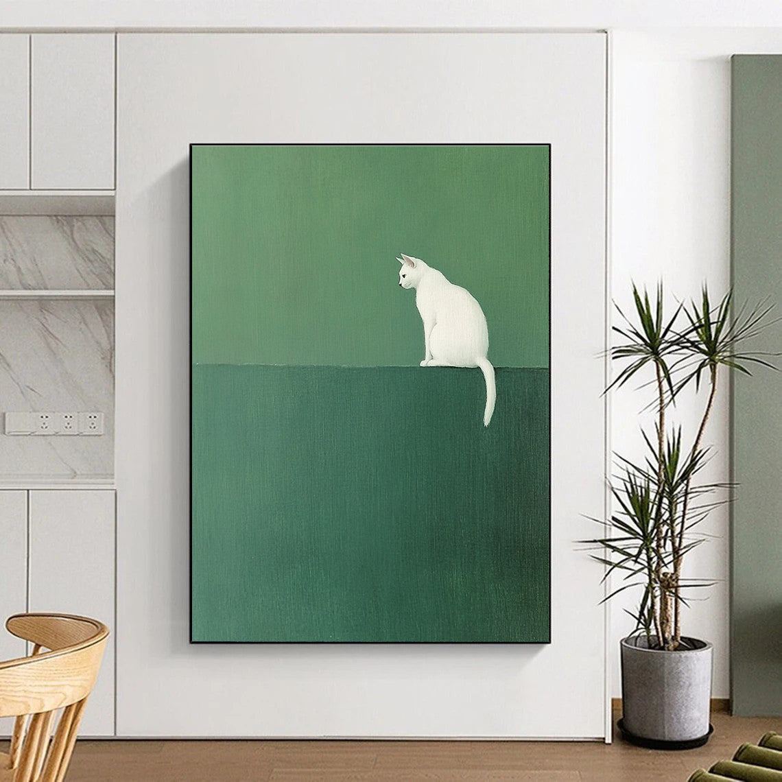 White Cat on Green - Minimalist Animal Art GAB0405