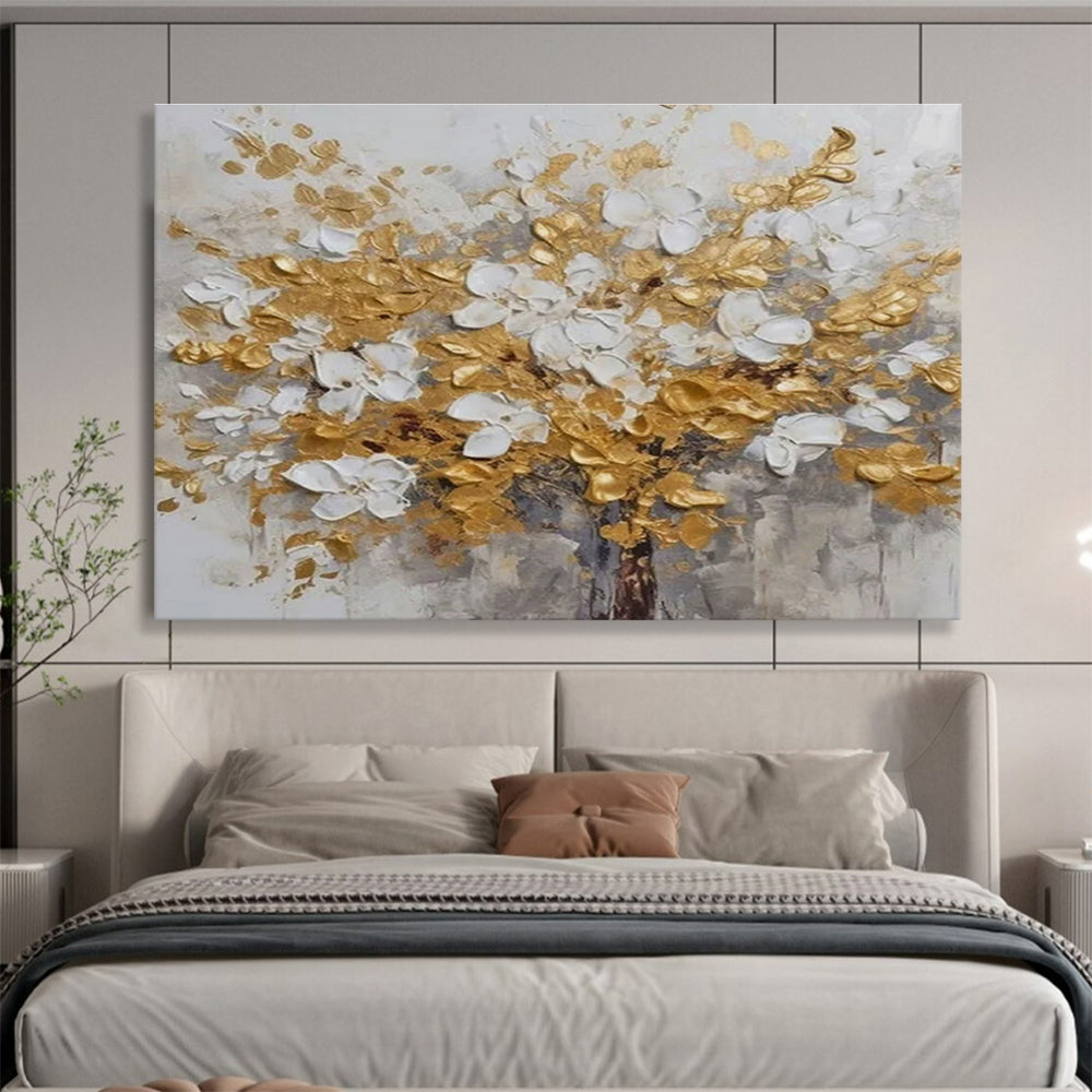 Gold and White Floral Abstract Painting for Luxurious Dining Rooms YHT246