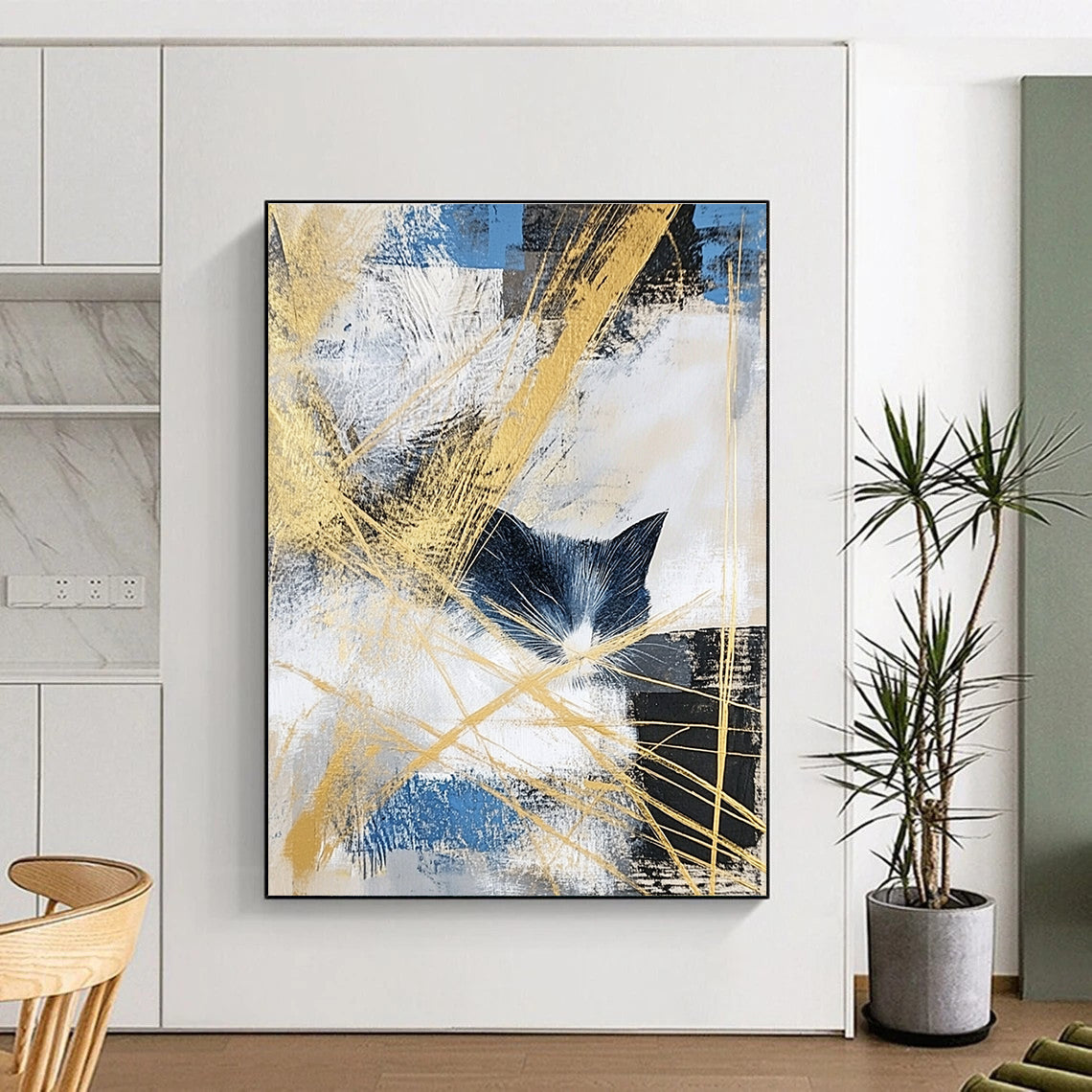 Abstract Cat Silhouette Painting with Golden Accents GAB0661