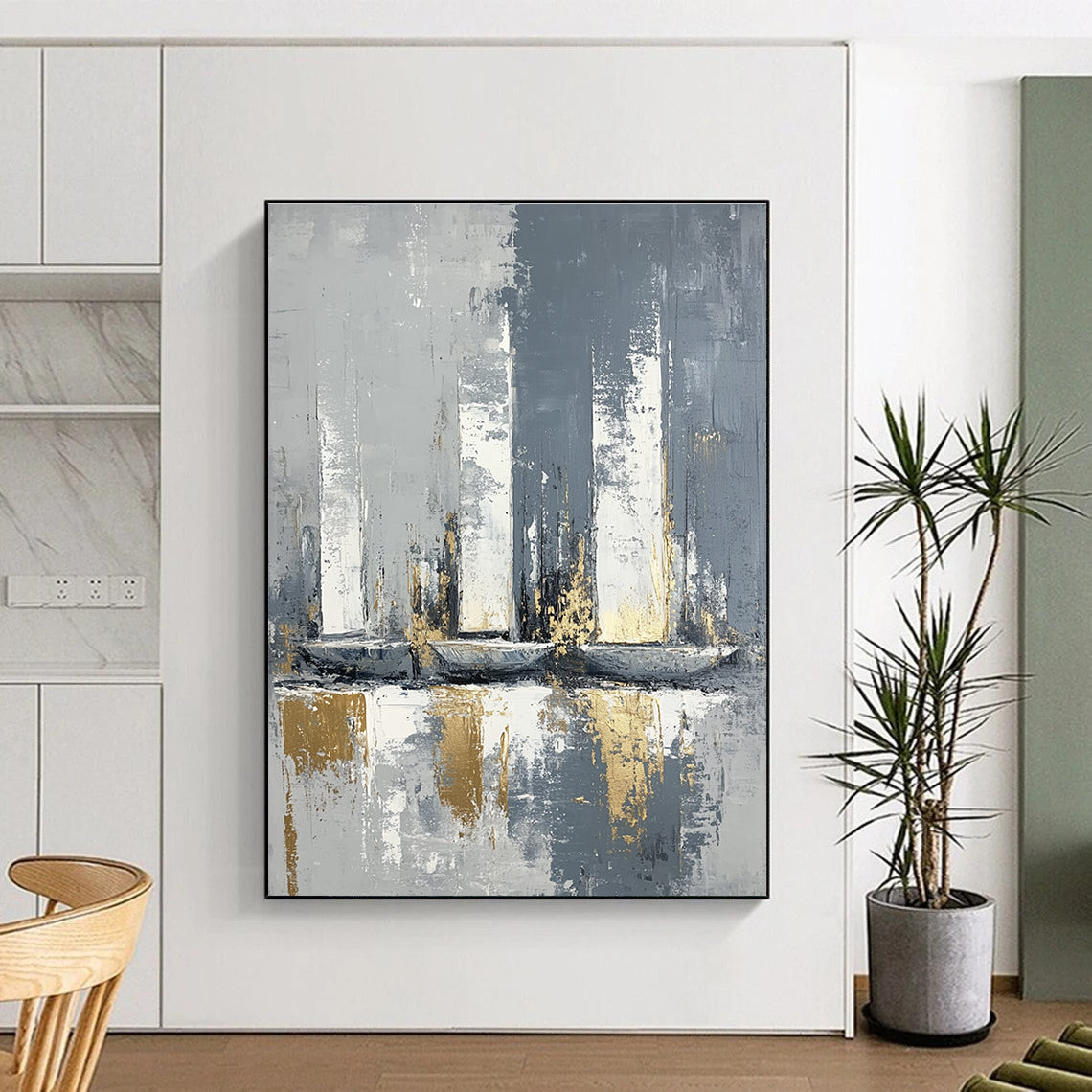 Grey and Gold Abstract Sails Minimalist Painting for Modern Interiors GAB1462