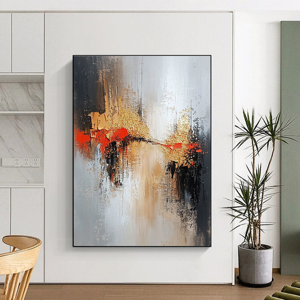 Gray Gold Red Abstract Painting with Dramatic Contrast WINK556